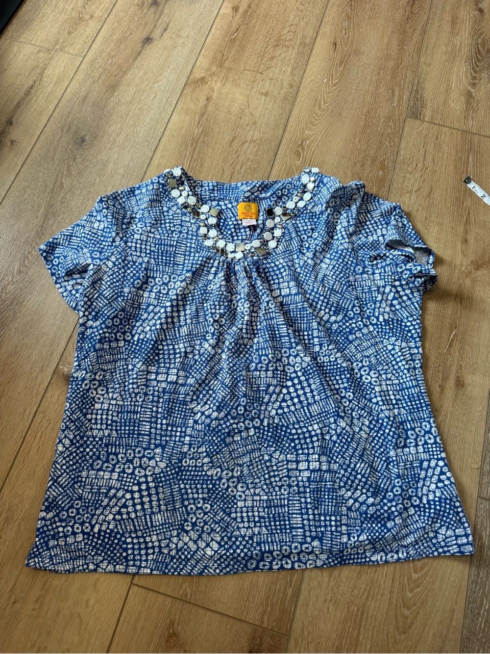 Ruby Rd blue geometric print short-sleeve top beaded embellishment size 1X